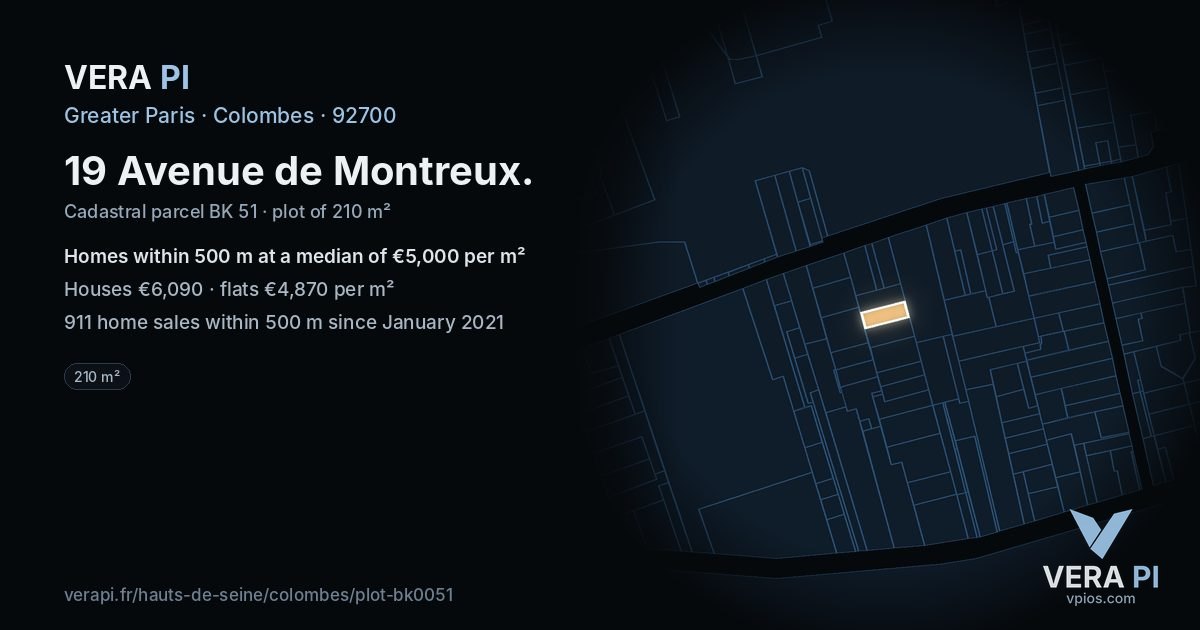 19 Avenue de Montreux, Colombes at night – the plot lit, the parcels around coloured by the prices near them