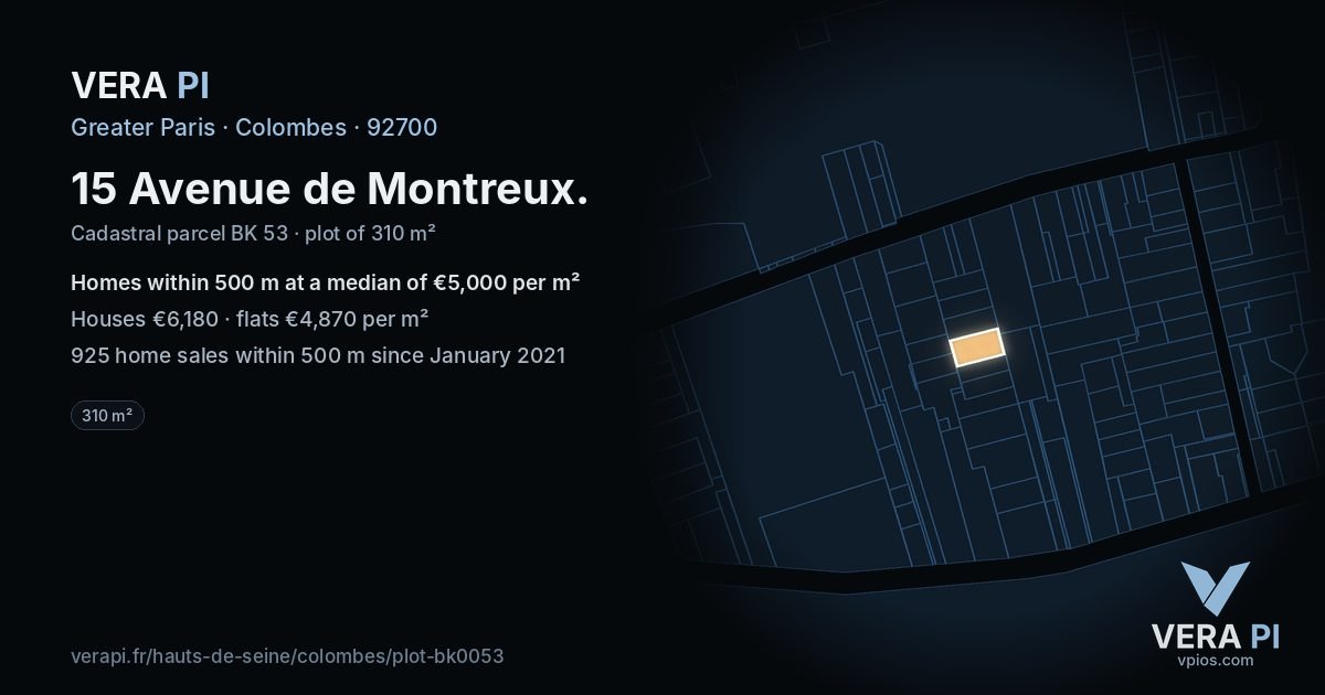 15 Avenue de Montreux, Colombes at night – the plot lit, the parcels around coloured by the prices near them