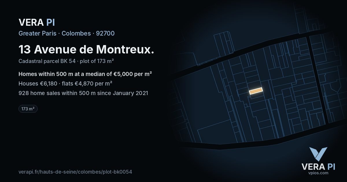 13 Avenue de Montreux, Colombes at night – the plot lit, the parcels around coloured by the prices near them