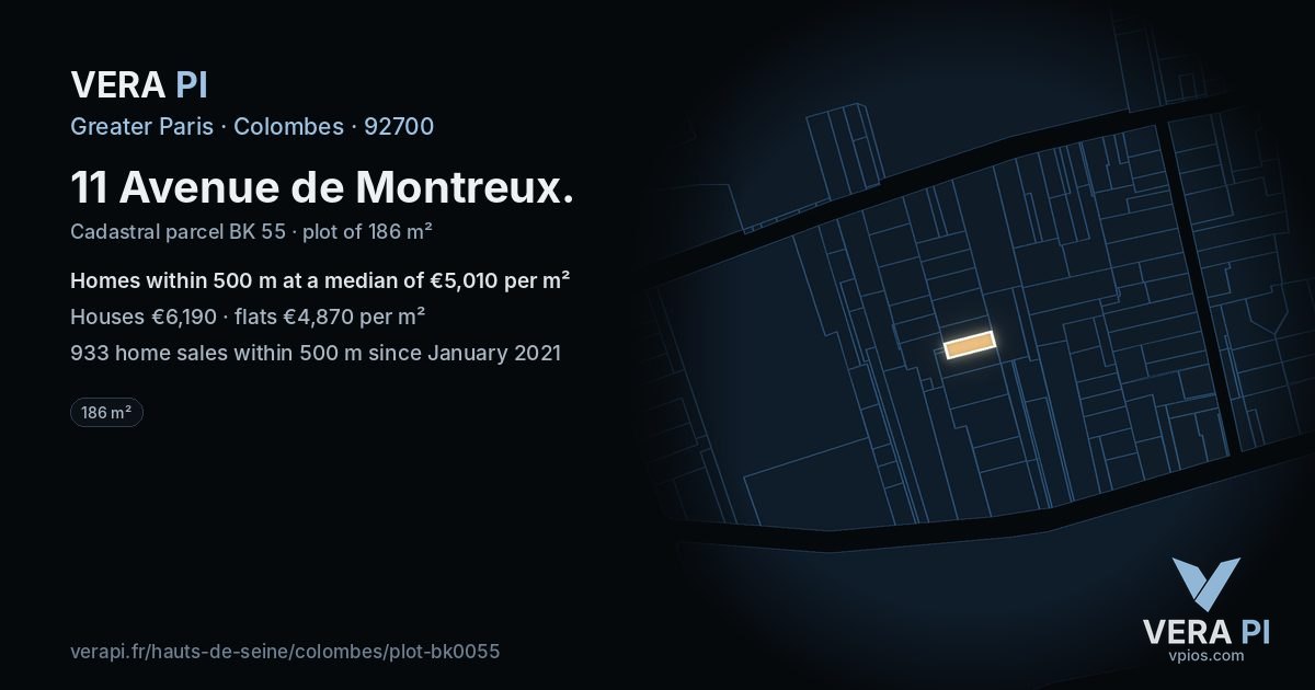 11 Avenue de Montreux, Colombes at night – the plot lit, the parcels around coloured by the prices near them