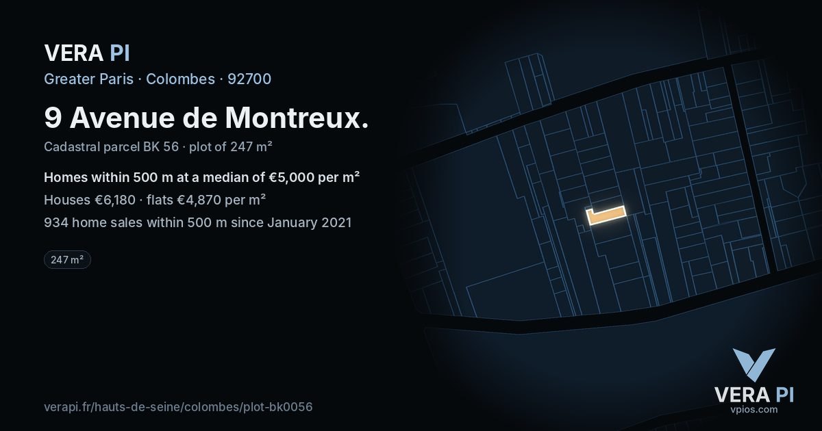 9 Avenue de Montreux, Colombes at night – the plot lit, the parcels around coloured by the prices near them