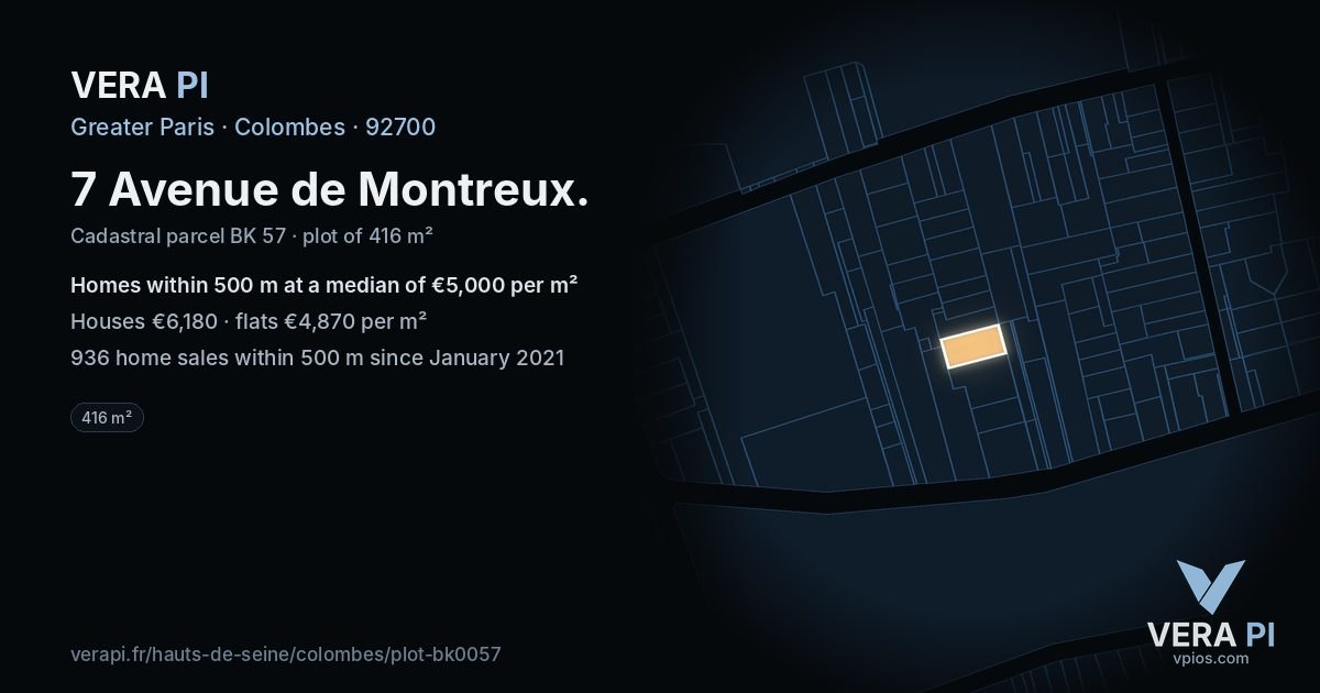7 Avenue de Montreux, Colombes at night – the plot lit, the parcels around coloured by the prices near them