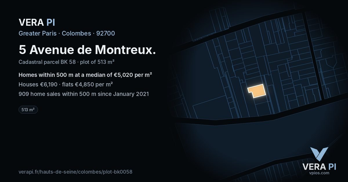 5 Avenue de Montreux, Colombes at night – the plot lit, the parcels around coloured by the prices near them