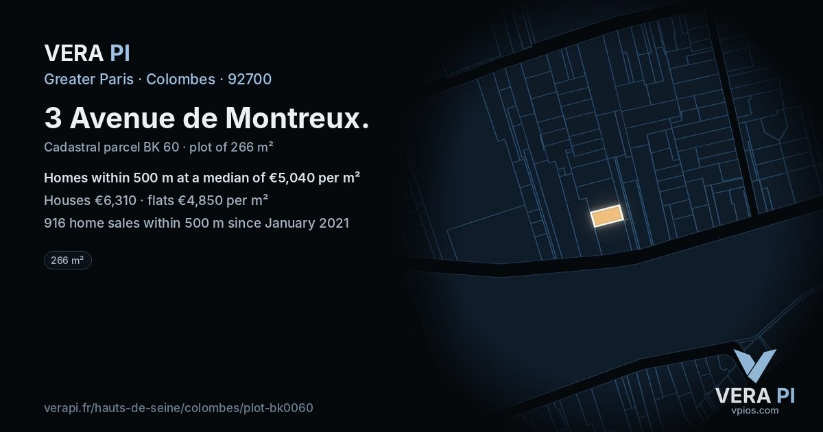 3 Avenue de Montreux, Colombes at night – the plot lit, the parcels around coloured by the prices near them