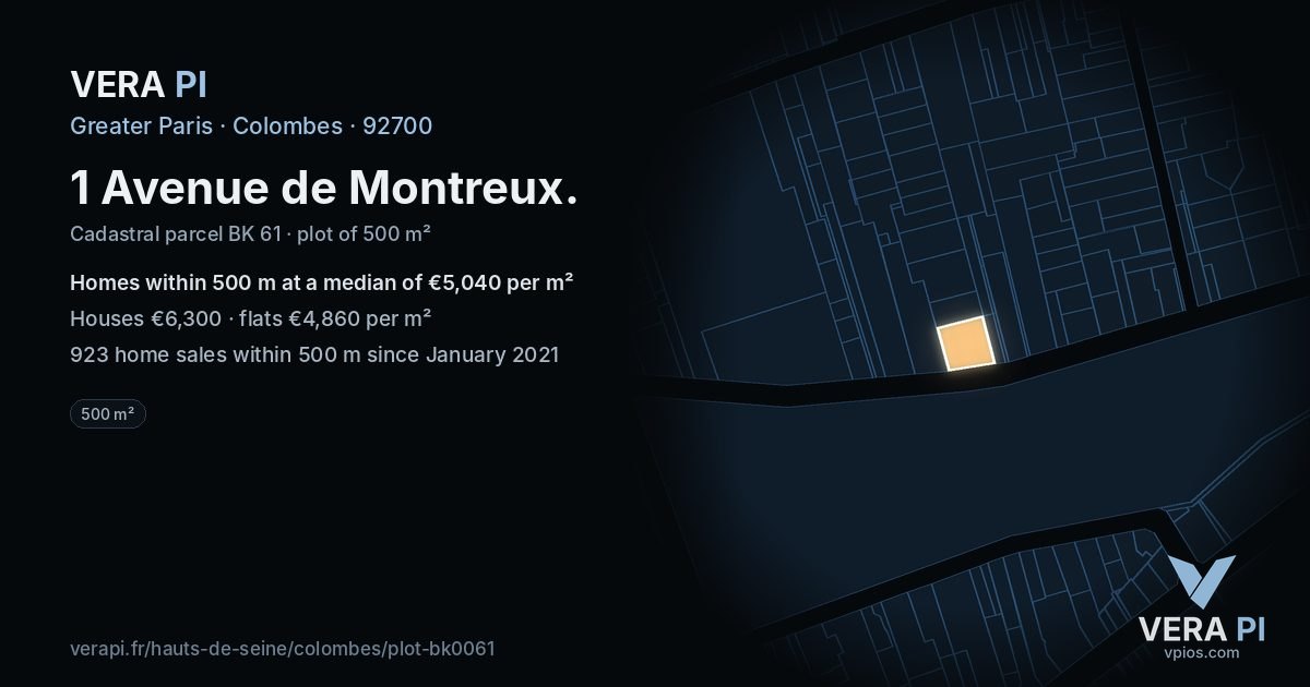 1 Avenue de Montreux, Colombes at night – the plot lit, the parcels around coloured by the prices near them
