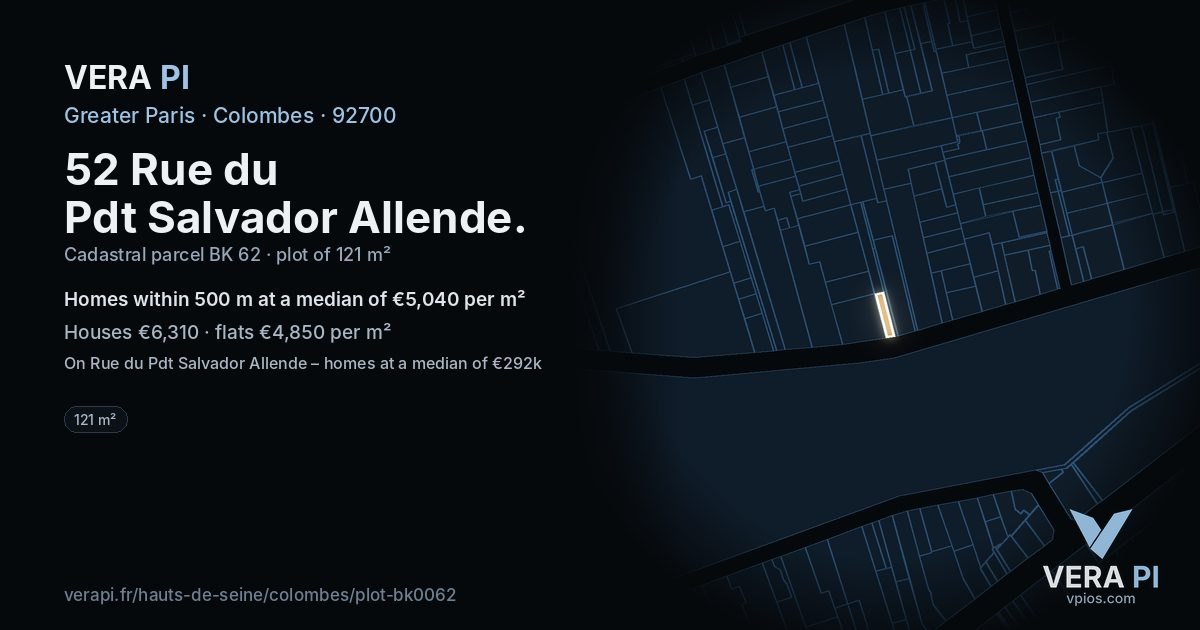 52 Rue du Pdt Salvador Allende, Colombes at night – the plot lit, the parcels around coloured by the prices near them