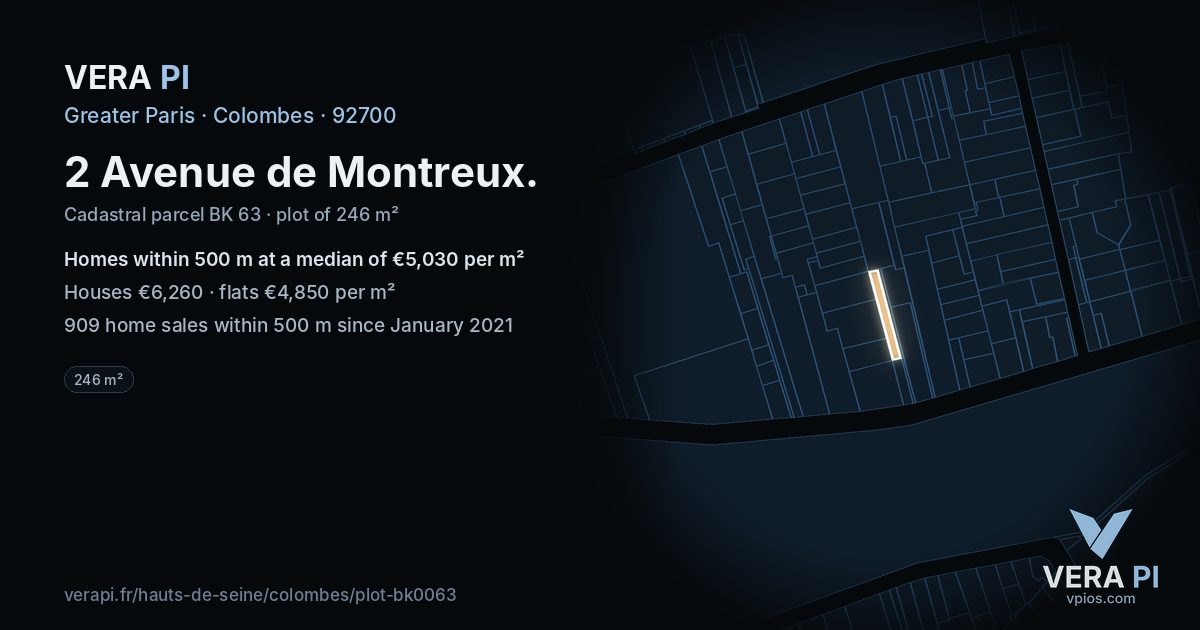 2 Avenue de Montreux, Colombes at night – the plot lit, the parcels around coloured by the prices near them