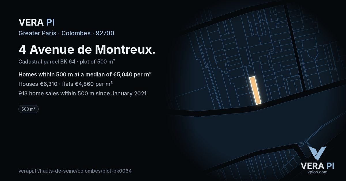 4 Avenue de Montreux, Colombes at night – the plot lit, the parcels around coloured by the prices near them