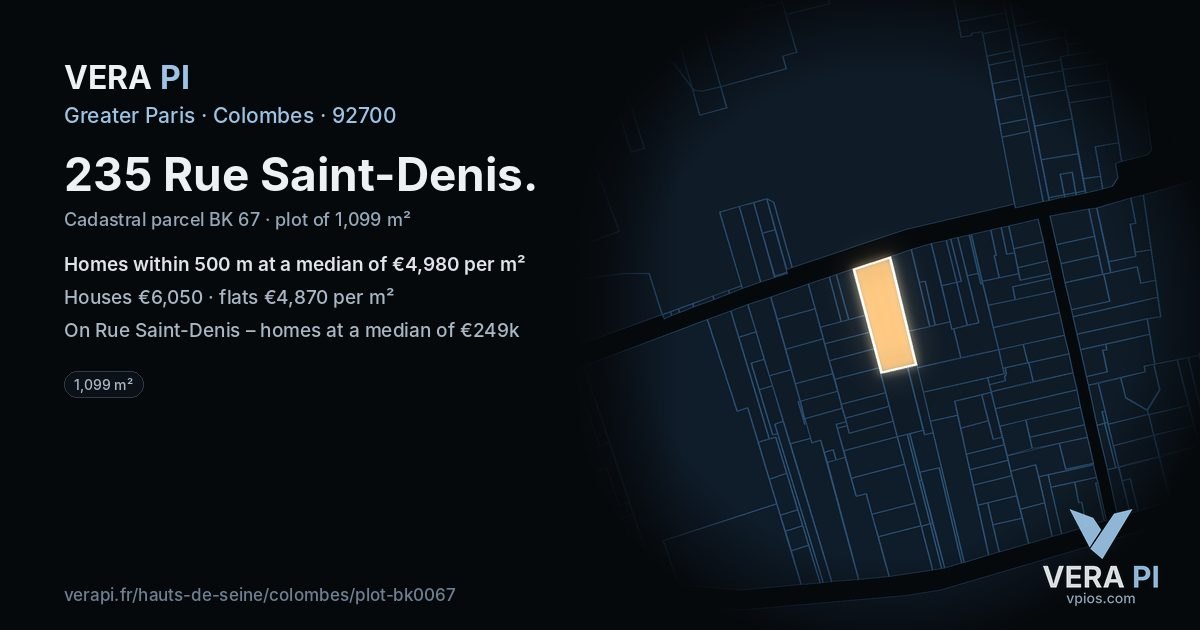 235 Rue Saint-Denis, Colombes at night – the plot lit, the parcels around coloured by the prices near them