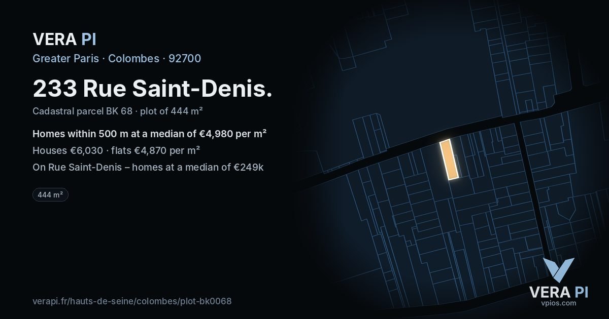 233 Rue Saint-Denis, Colombes at night – the plot lit, the parcels around coloured by the prices near them