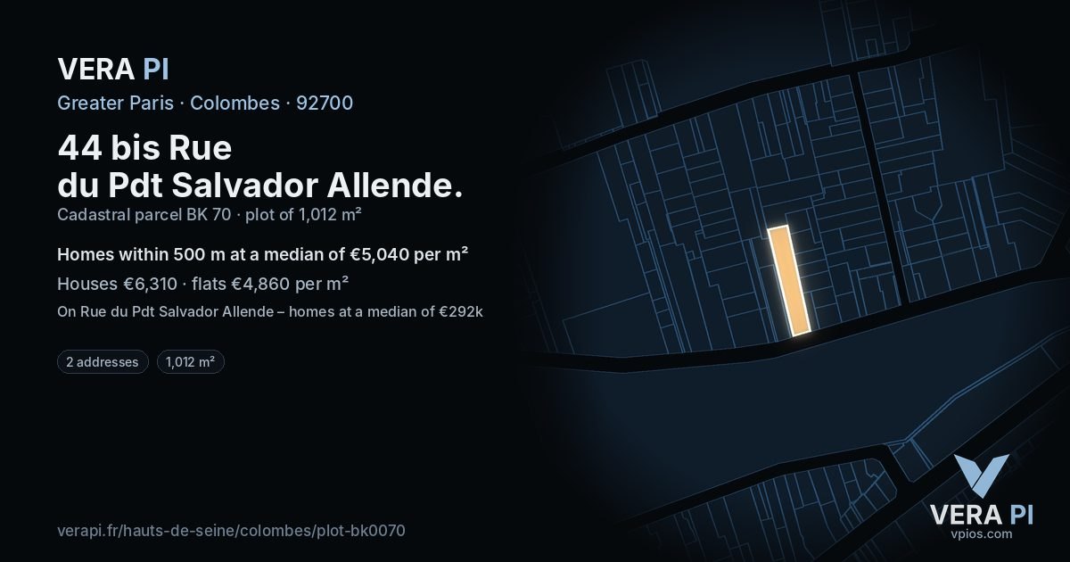 44 bis Rue du Pdt Salvador Allende, Colombes at night – the plot lit, the parcels around coloured by the prices near them