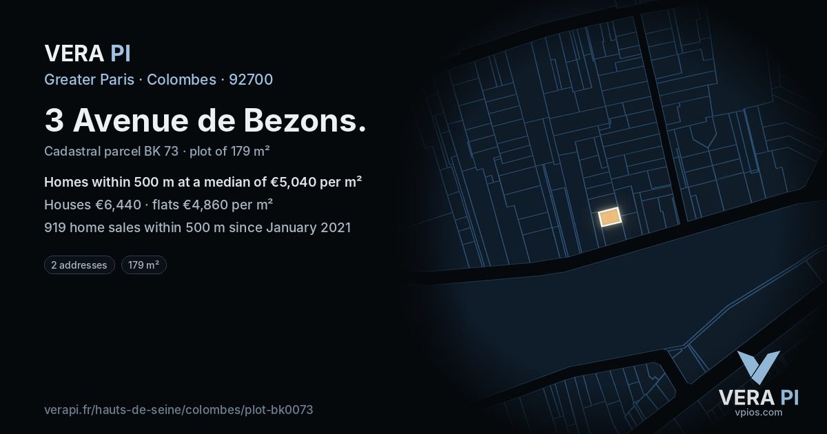 3 Avenue de Bezons, Colombes at night – the plot lit, the parcels around coloured by the prices near them