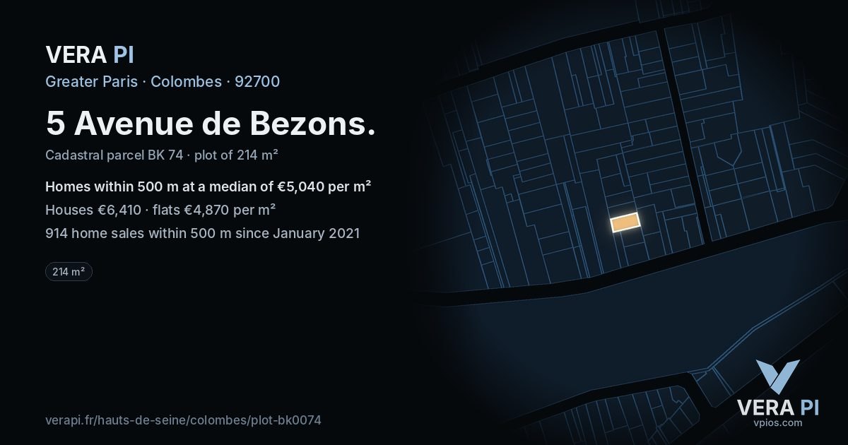 5 Avenue de Bezons, Colombes at night – the plot lit, the parcels around coloured by the prices near them