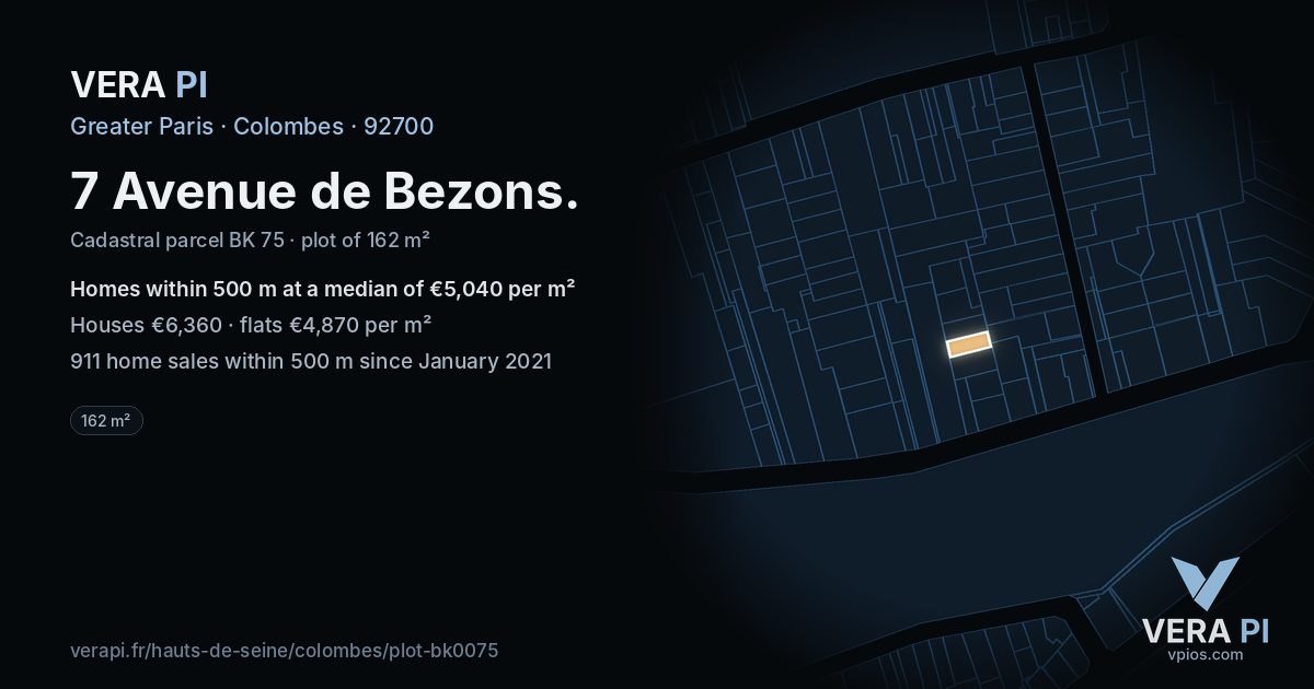 7 Avenue de Bezons, Colombes at night – the plot lit, the parcels around coloured by the prices near them