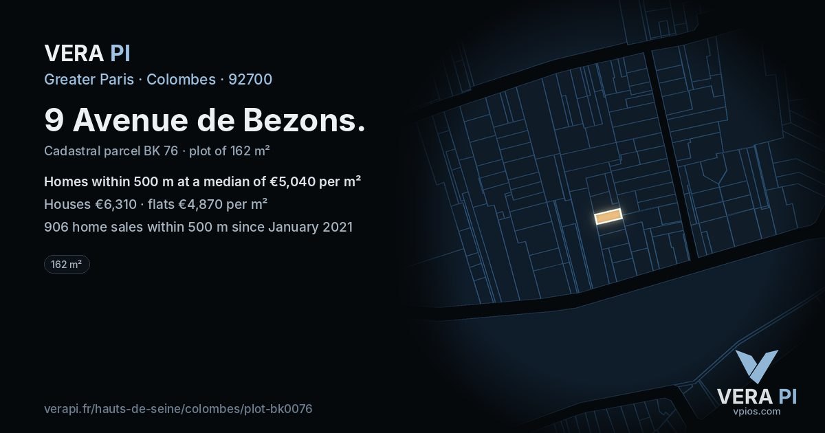 9 Avenue de Bezons, Colombes at night – the plot lit, the parcels around coloured by the prices near them