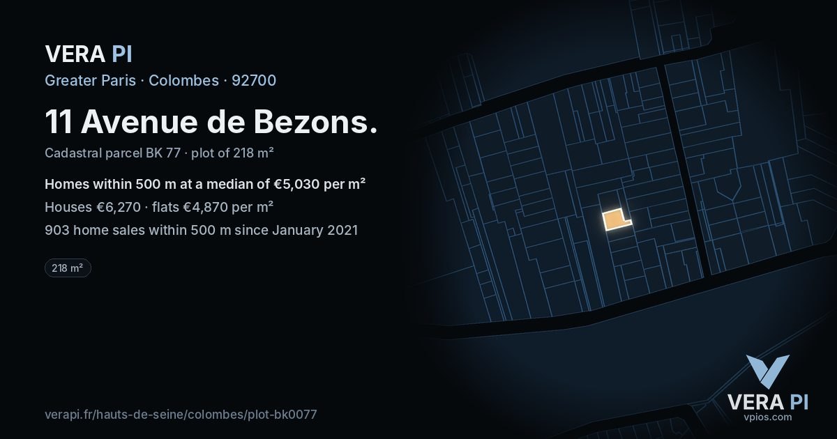 11 Avenue de Bezons, Colombes at night – the plot lit, the parcels around coloured by the prices near them