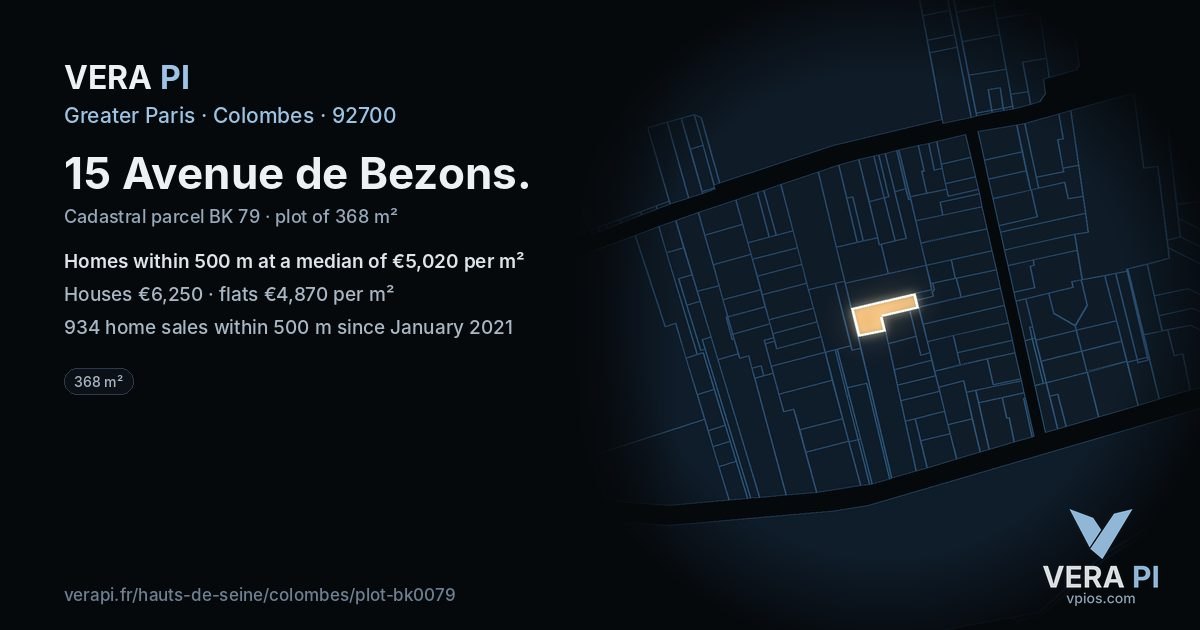 15 Avenue de Bezons, Colombes at night – the plot lit, the parcels around coloured by the prices near them