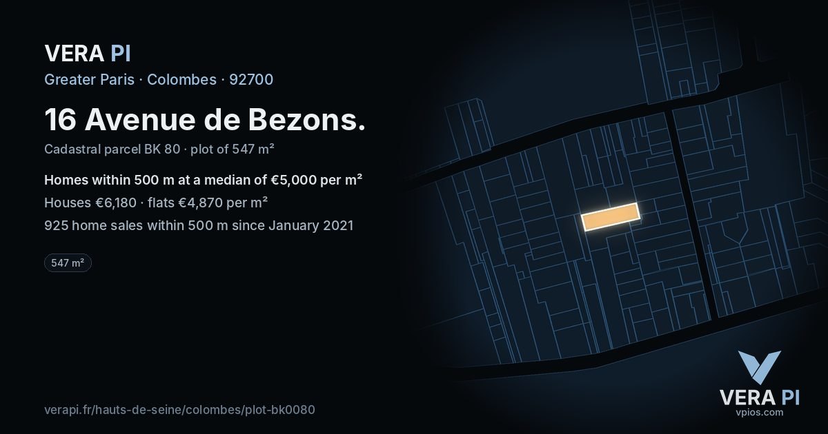 16 Avenue de Bezons, Colombes at night – the plot lit, the parcels around coloured by the prices near them