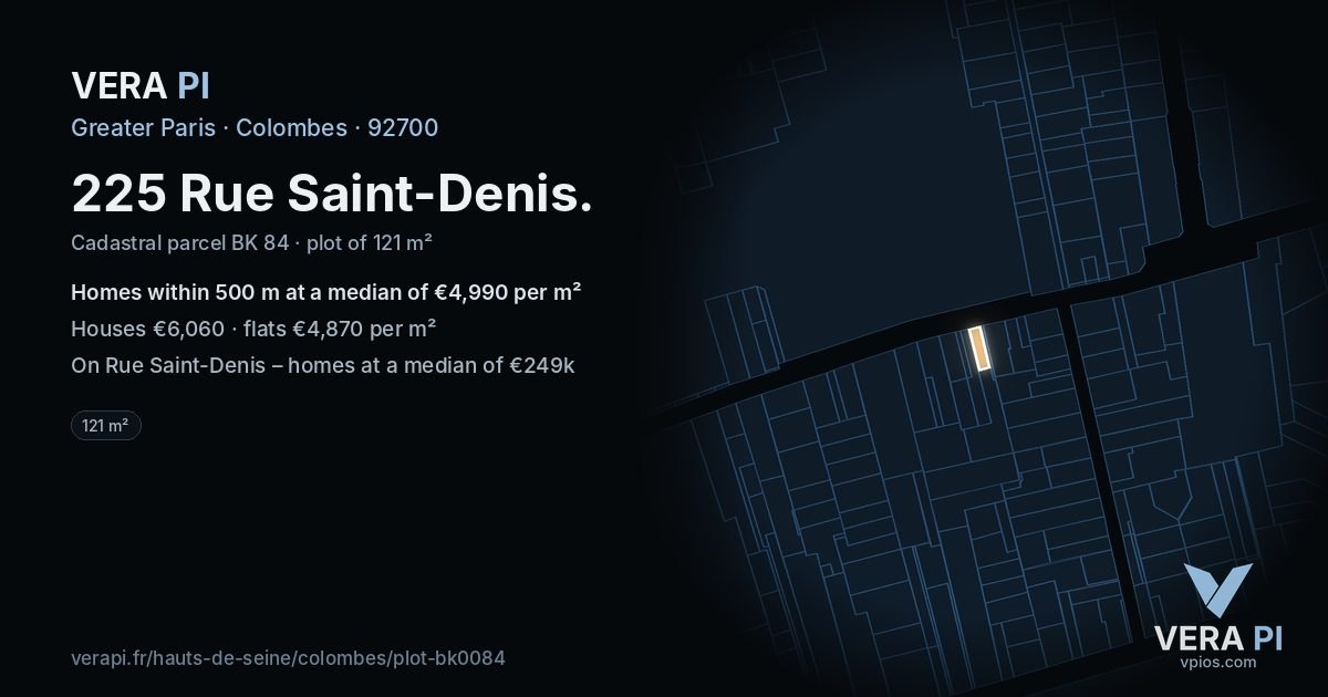 225 Rue Saint-Denis, Colombes at night – the plot lit, the parcels around coloured by the prices near them