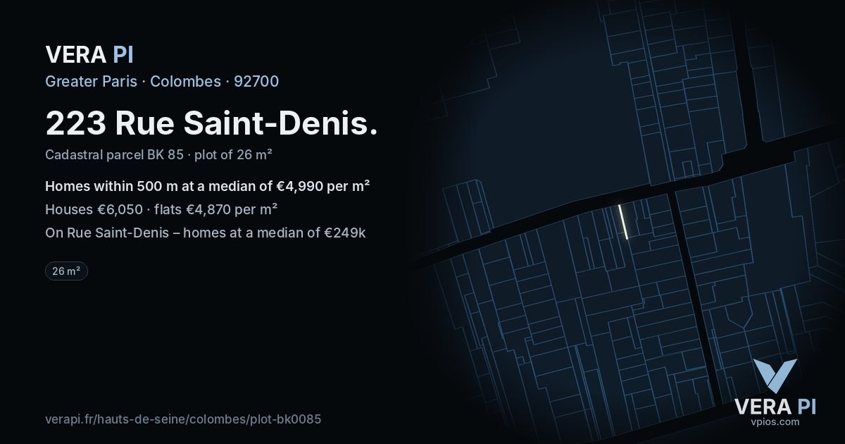 223 Rue Saint-Denis, Colombes at night – the plot lit, the parcels around coloured by the prices near them