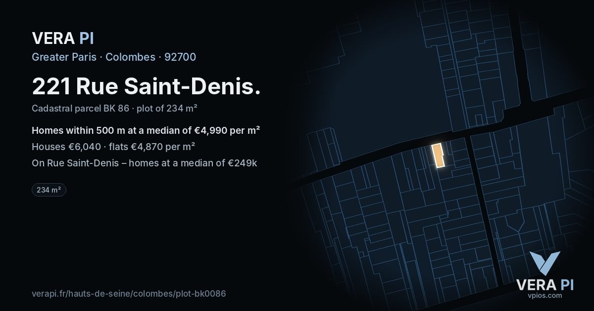 221 Rue Saint-Denis, Colombes at night – the plot lit, the parcels around coloured by the prices near them
