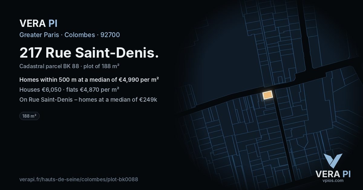 217 Rue Saint-Denis, Colombes at night – the plot lit, the parcels around coloured by the prices near them