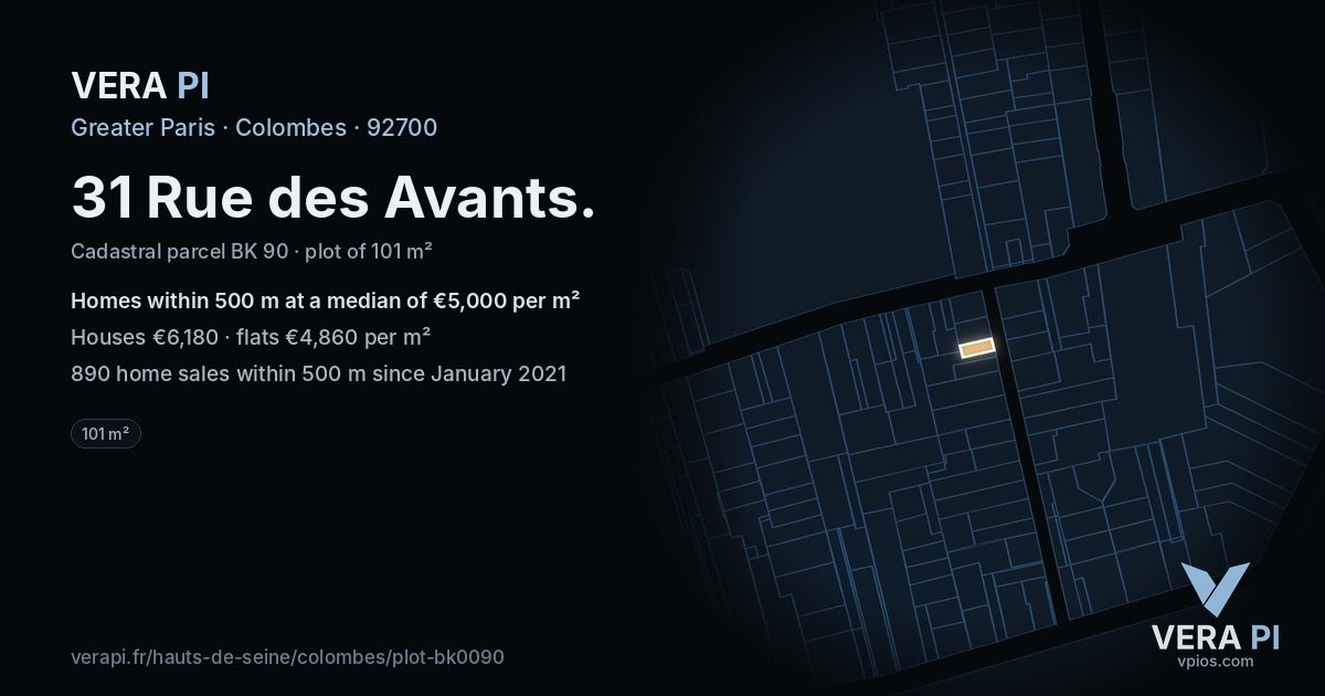 31 Rue des Avants, Colombes at night – the plot lit, the parcels around coloured by the prices near them