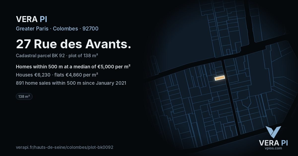 27 Rue des Avants, Colombes at night – the plot lit, the parcels around coloured by the prices near them