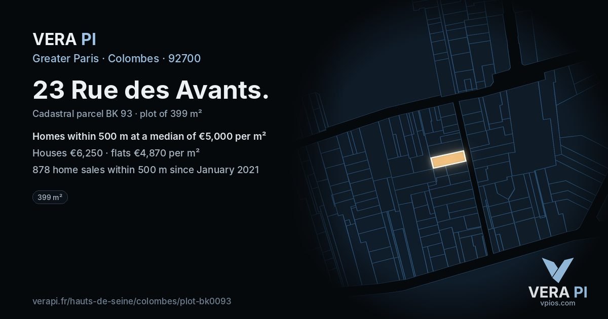 23 Rue des Avants, Colombes at night – the plot lit, the parcels around coloured by the prices near them