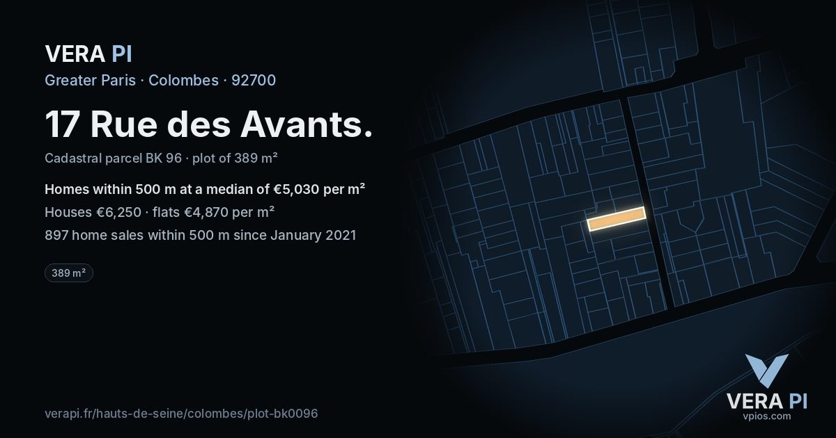 17 Rue des Avants, Colombes at night – the plot lit, the parcels around coloured by the prices near them