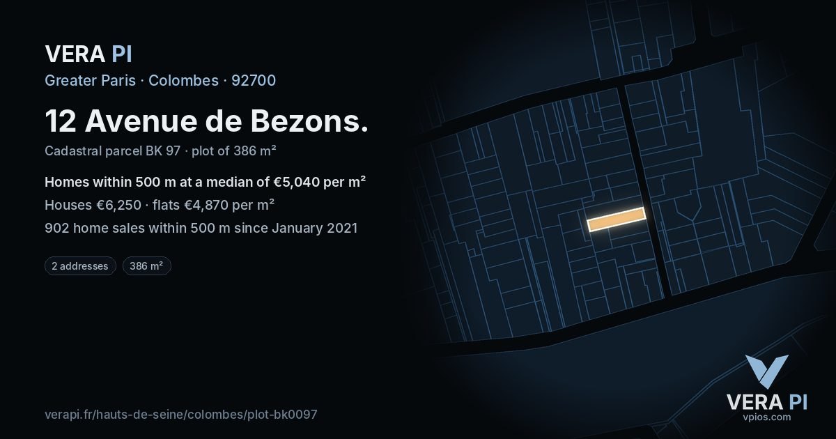12 Avenue de Bezons, Colombes at night – the plot lit, the parcels around coloured by the prices near them