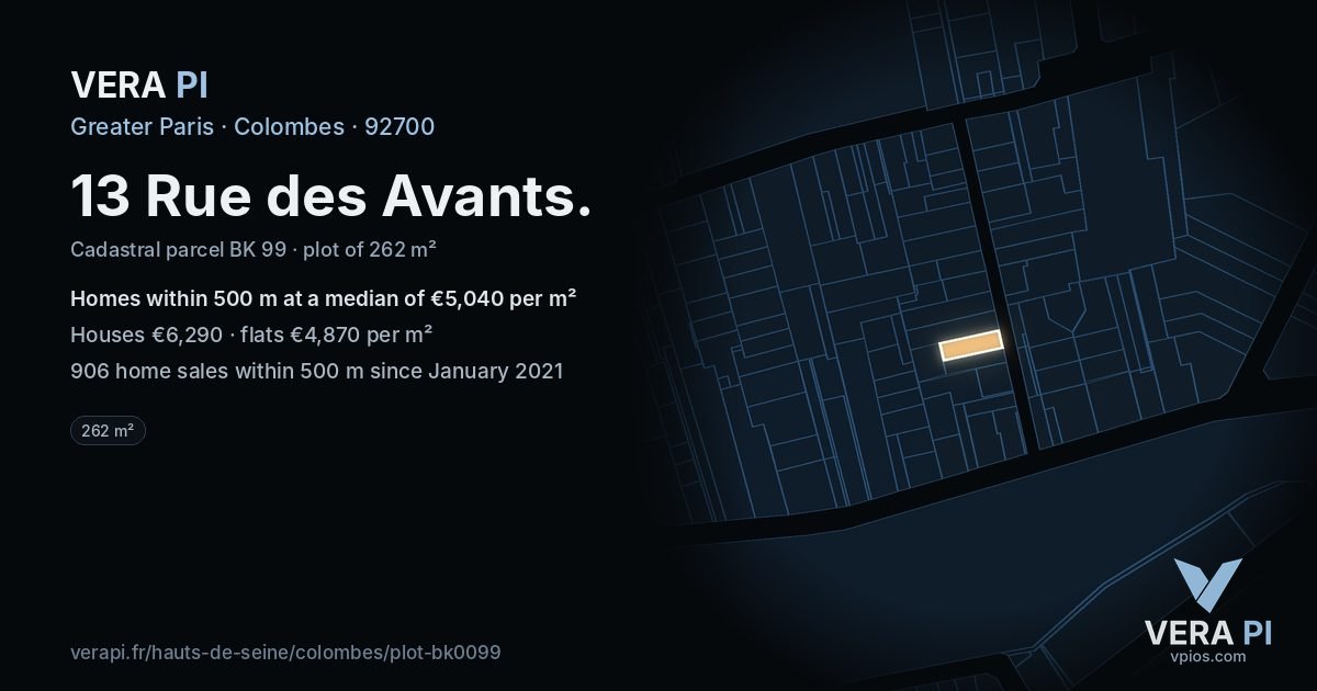 13 Rue des Avants, Colombes at night – the plot lit, the parcels around coloured by the prices near them