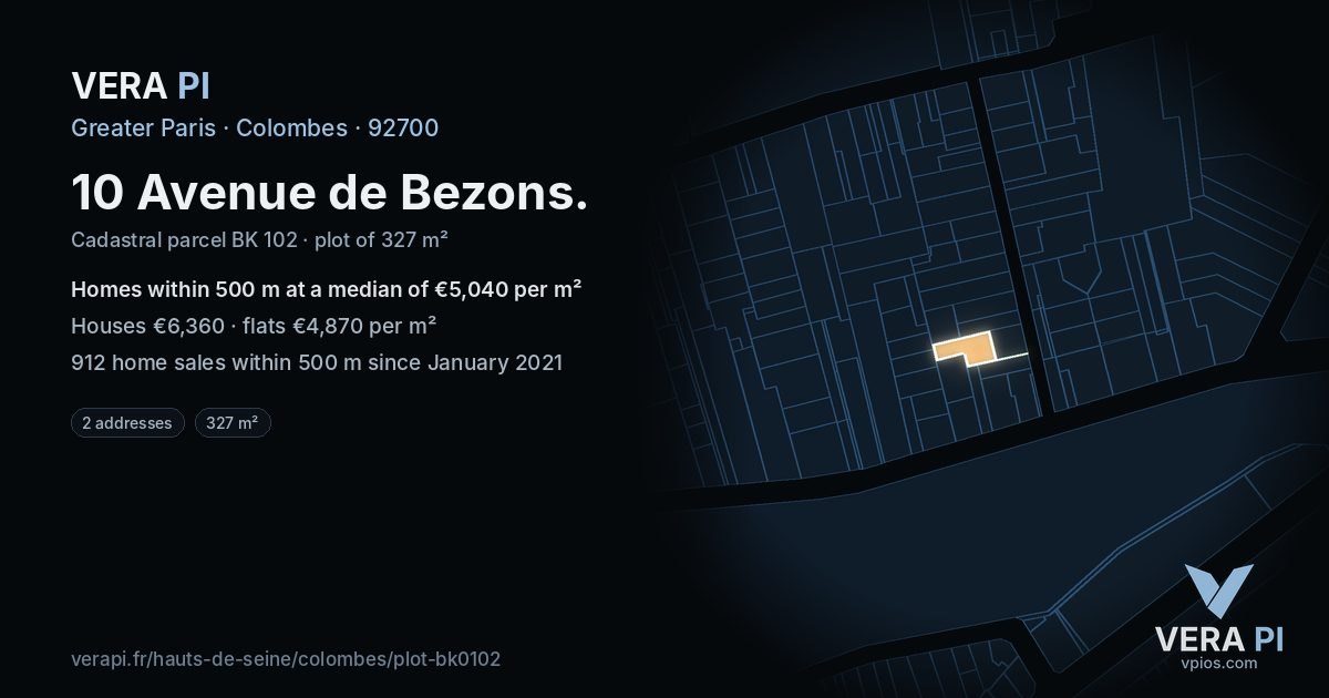 10 Avenue de Bezons, Colombes at night – the plot lit, the parcels around coloured by the prices near them
