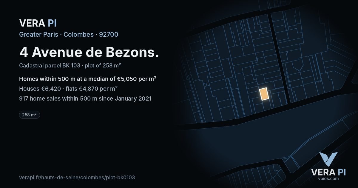 4 Avenue de Bezons, Colombes at night – the plot lit, the parcels around coloured by the prices near them