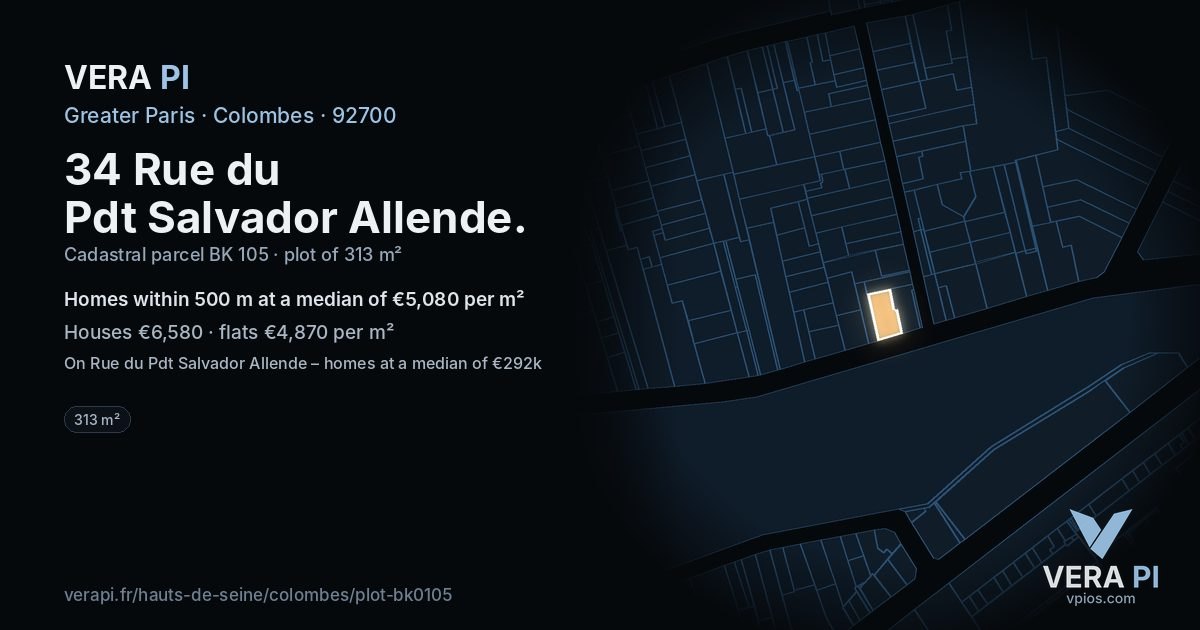 34 Rue du Pdt Salvador Allende, Colombes at night – the plot lit, the parcels around coloured by the prices near them