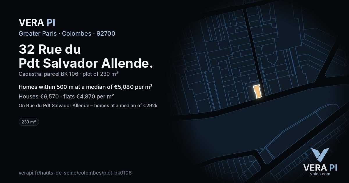 32 Rue du Pdt Salvador Allende, Colombes at night – the plot lit, the parcels around coloured by the prices near them