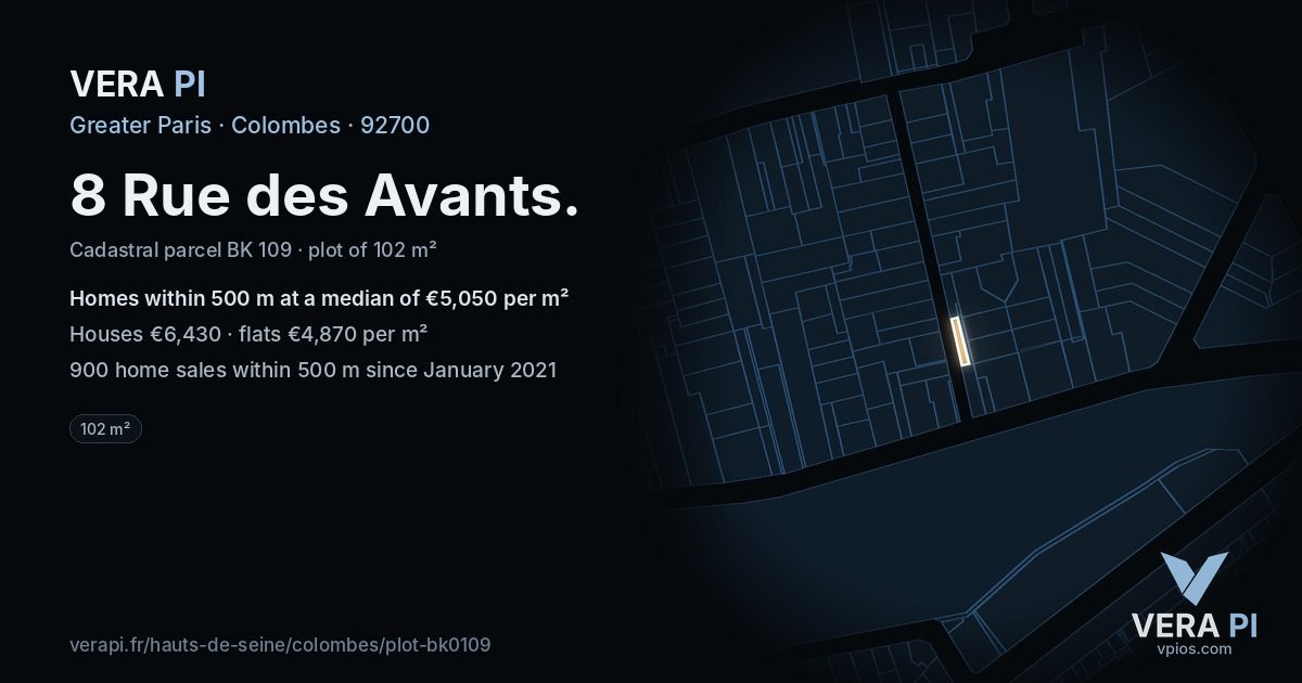 8 Rue des Avants, Colombes at night – the plot lit, the parcels around coloured by the prices near them