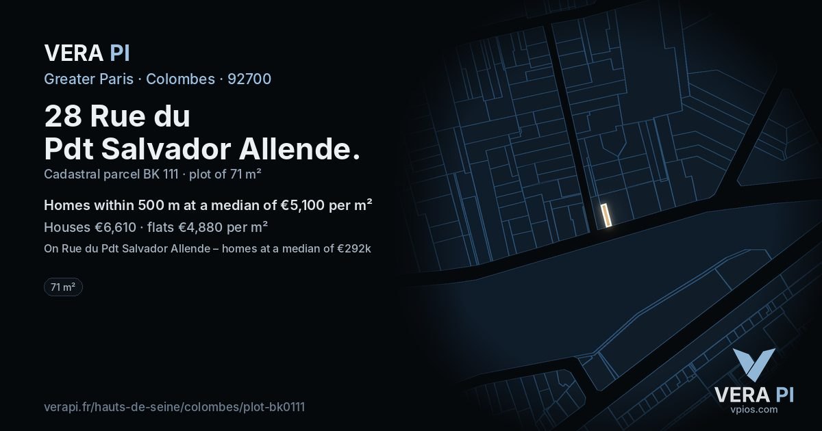 28 Rue du Pdt Salvador Allende, Colombes at night – the plot lit, the parcels around coloured by the prices near them