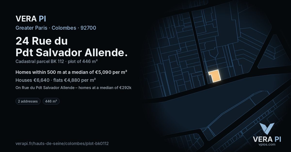 24 Rue du Pdt Salvador Allende, Colombes at night – the plot lit, the parcels around coloured by the prices near them