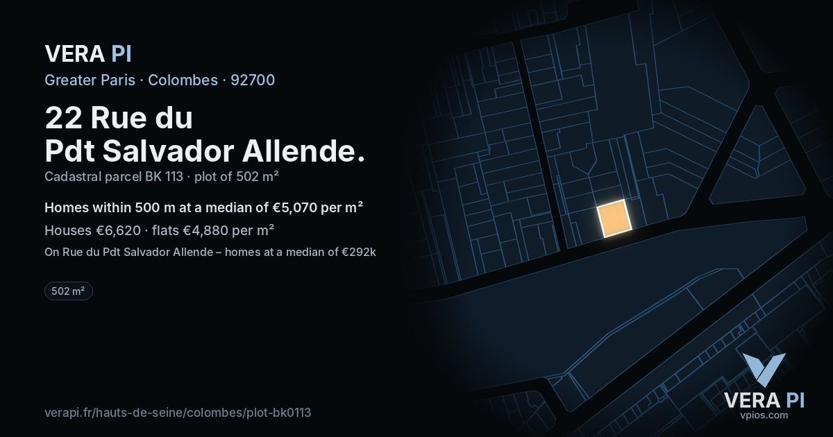 22 Rue du Pdt Salvador Allende, Colombes at night – the plot lit, the parcels around coloured by the prices near them