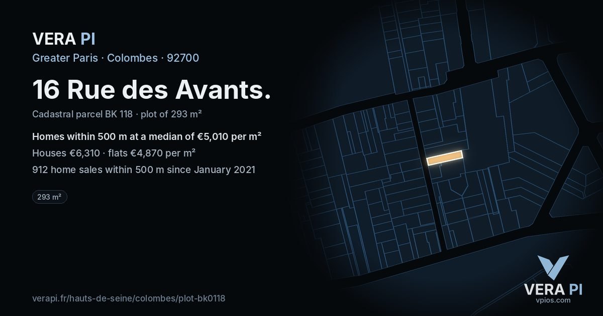16 Rue des Avants, Colombes at night – the plot lit, the parcels around coloured by the prices near them