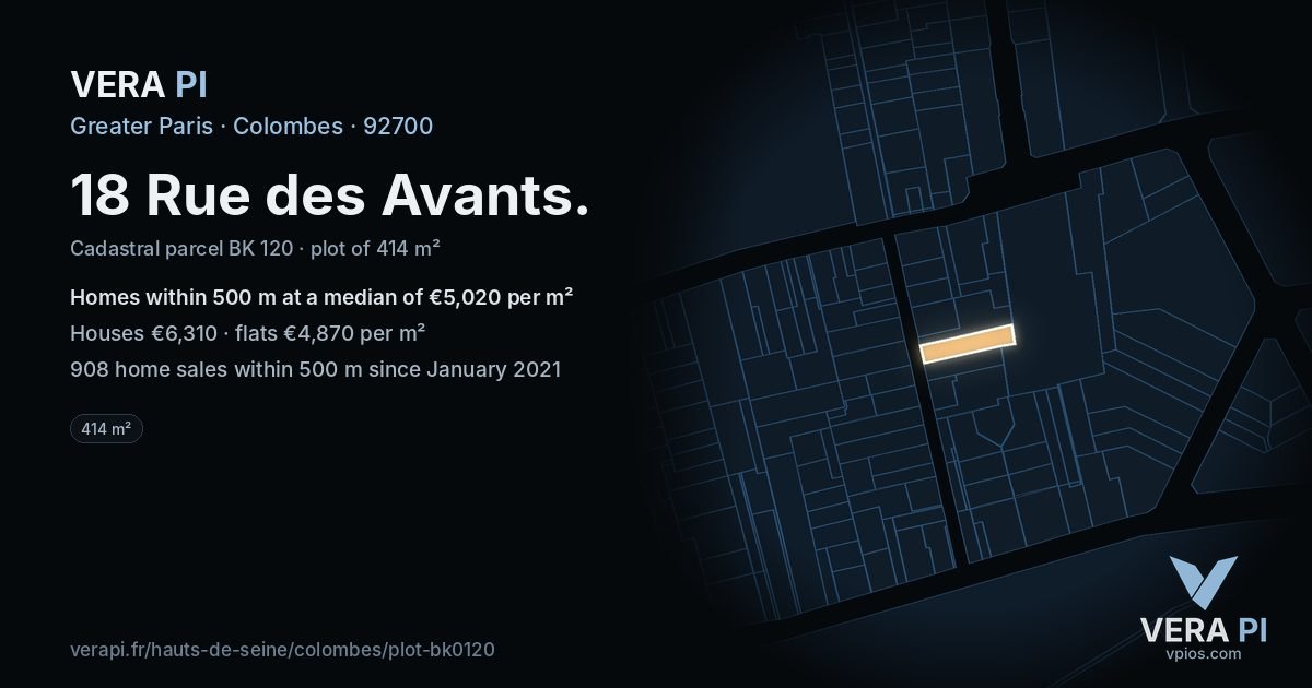 18 Rue des Avants, Colombes at night – the plot lit, the parcels around coloured by the prices near them