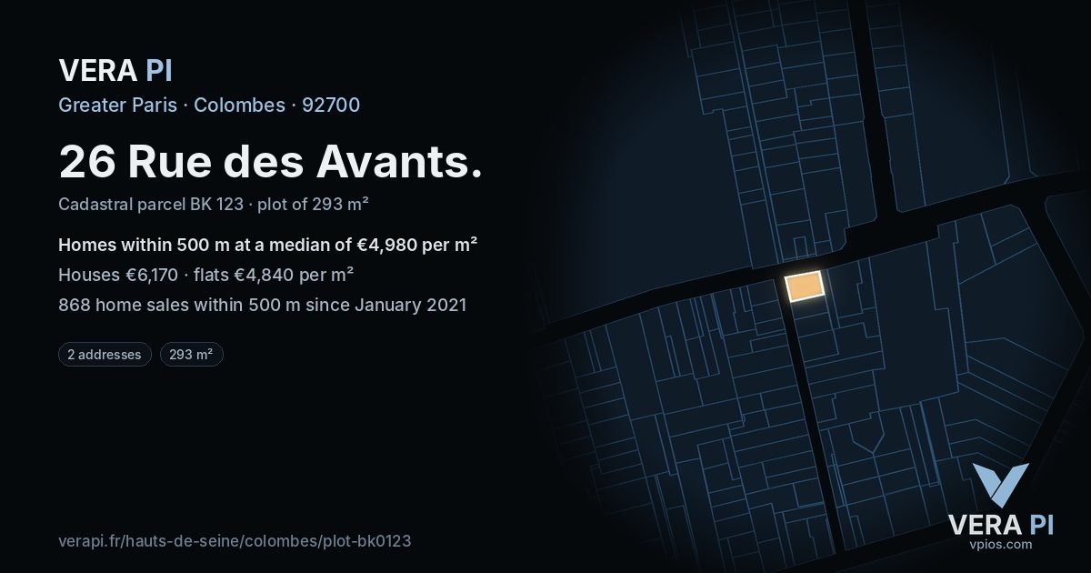 26 Rue des Avants, Colombes at night – the plot lit, the parcels around coloured by the prices near them
