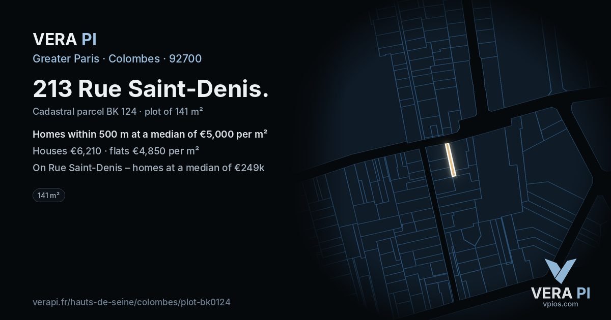 213 Rue Saint-Denis, Colombes at night – the plot lit, the parcels around coloured by the prices near them