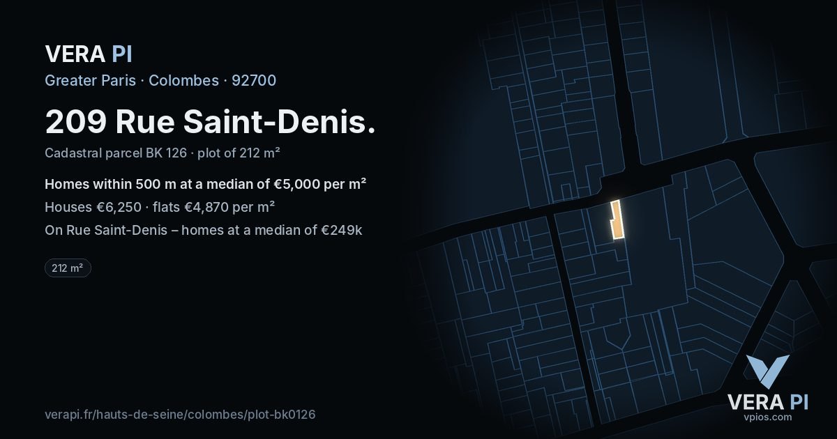 209 Rue Saint-Denis, Colombes at night – the plot lit, the parcels around coloured by the prices near them