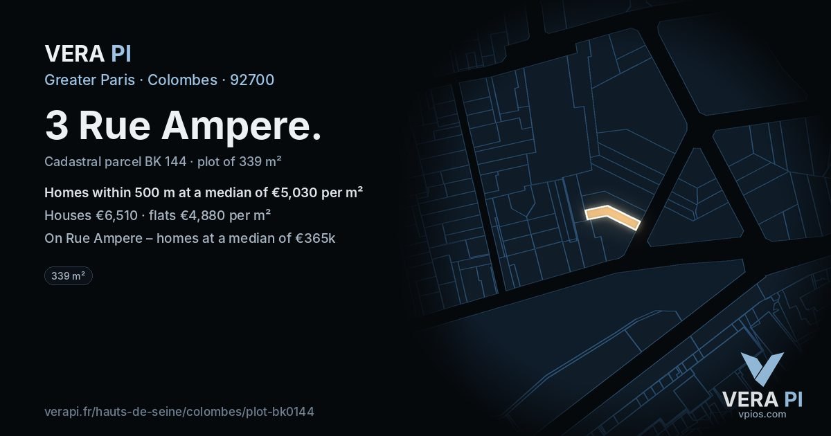 3 Rue Ampere, Colombes at night – the plot lit, the parcels around coloured by the prices near them