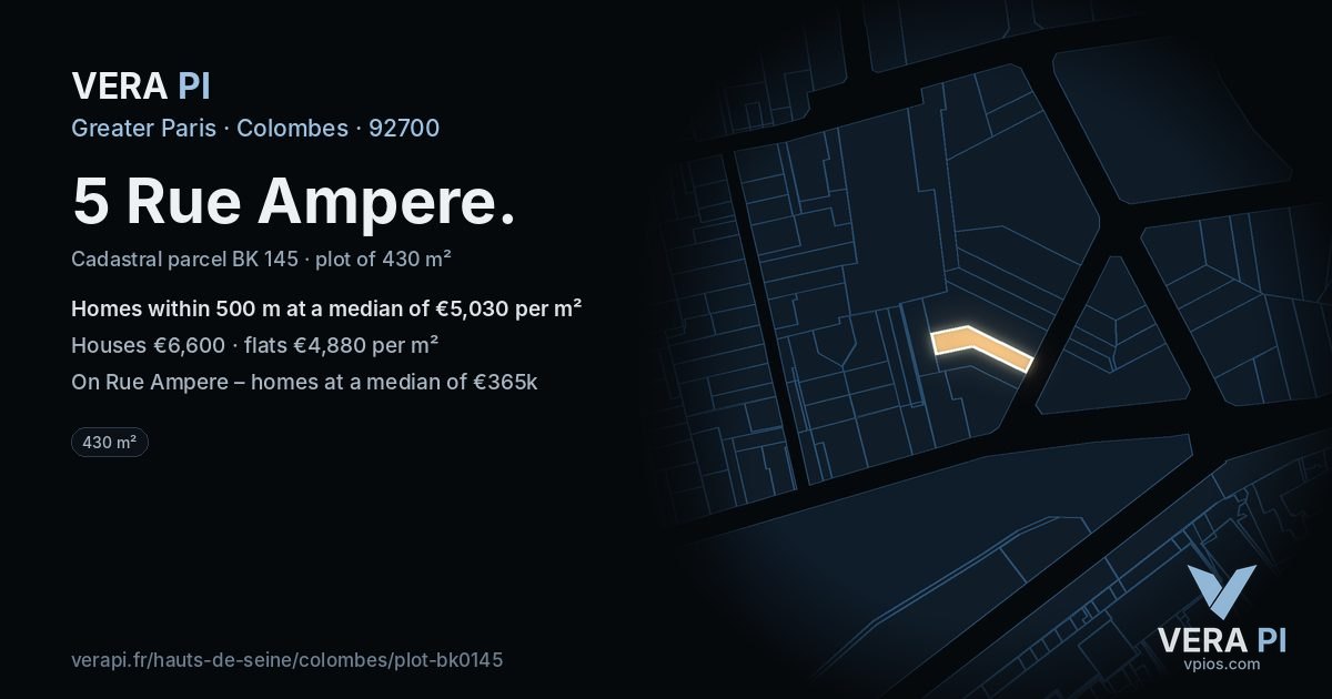 5 Rue Ampere, Colombes at night – the plot lit, the parcels around coloured by the prices near them