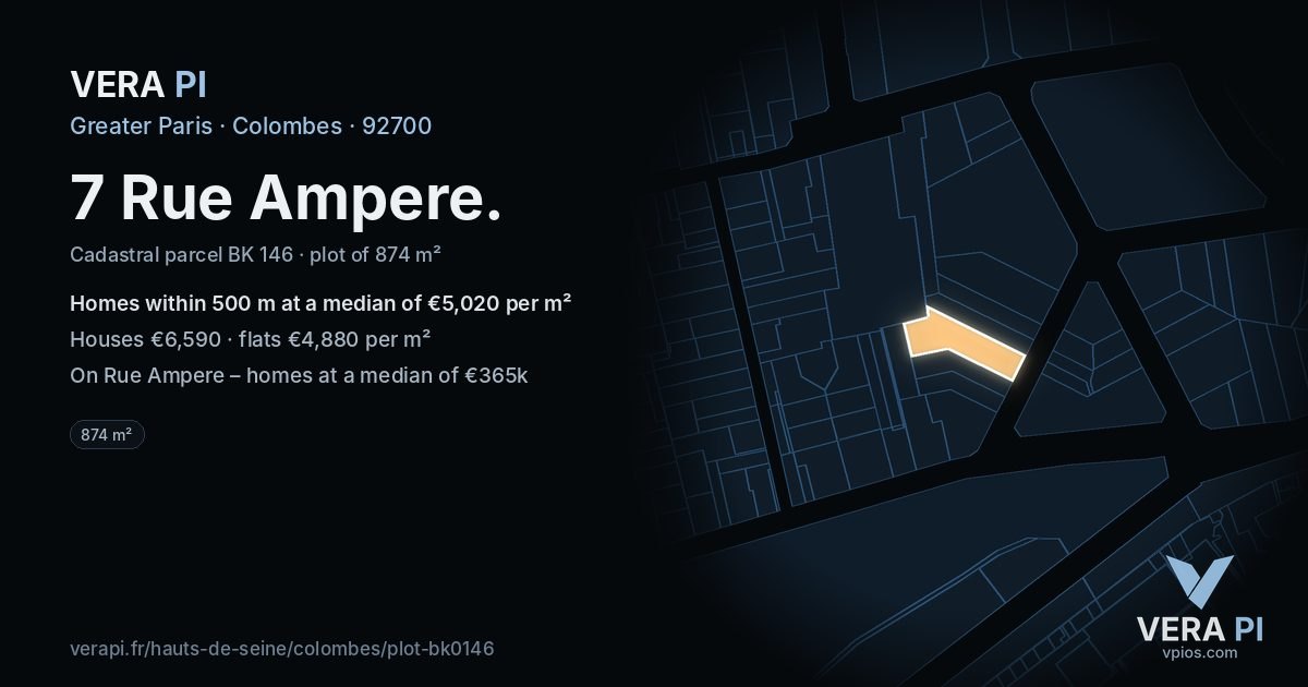 7 Rue Ampere, Colombes at night – the plot lit, the parcels around coloured by the prices near them