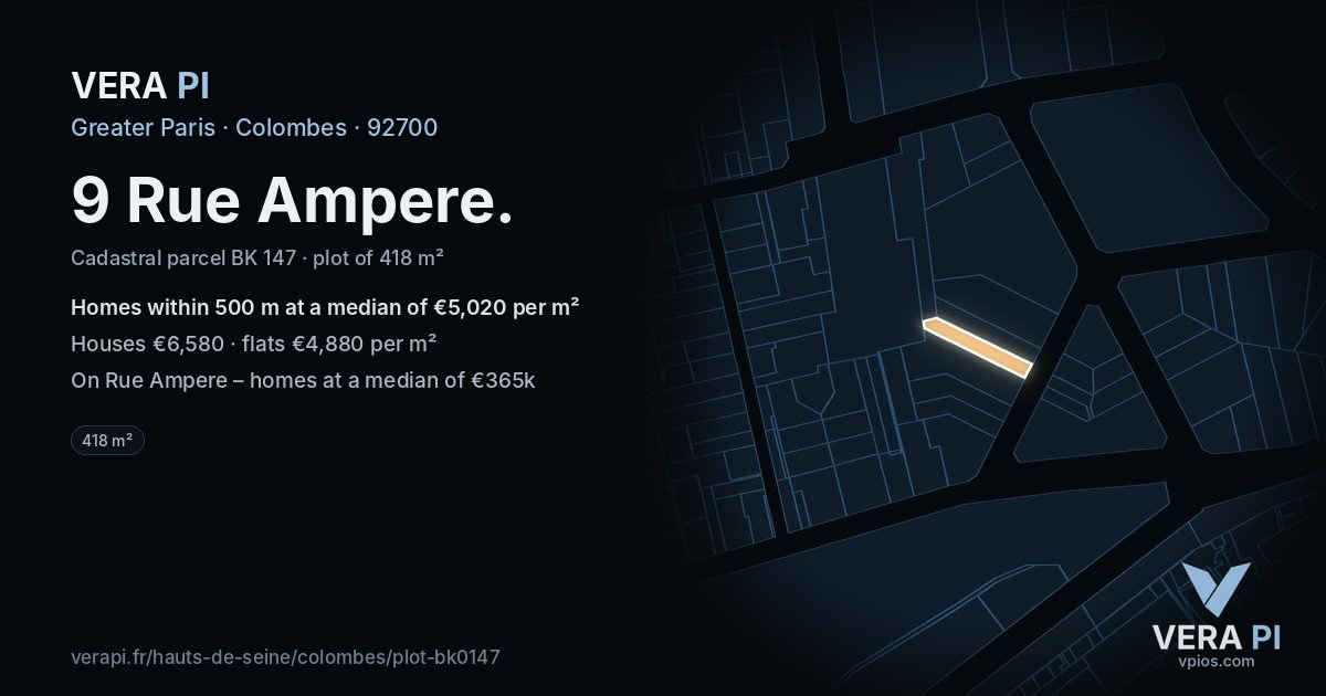 9 Rue Ampere, Colombes at night – the plot lit, the parcels around coloured by the prices near them