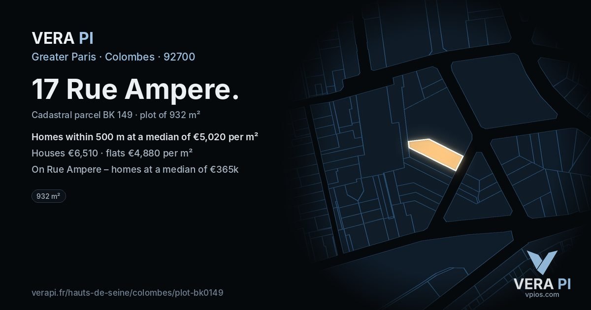 17 Rue Ampere, Colombes at night – the plot lit, the parcels around coloured by the prices near them